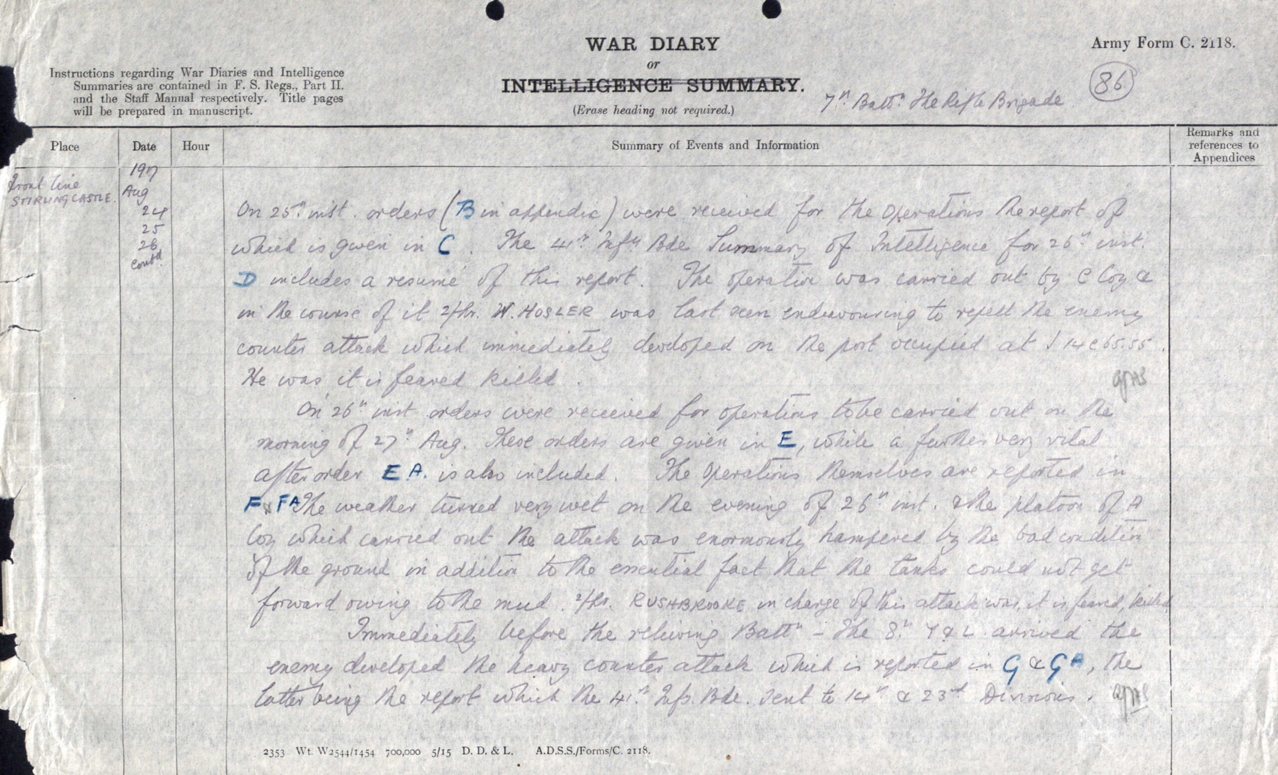 Extract from Battalion War Diary