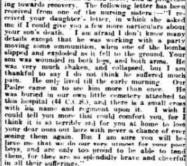 Extract from Grantham Journal about a letter from a nurse re John's death.