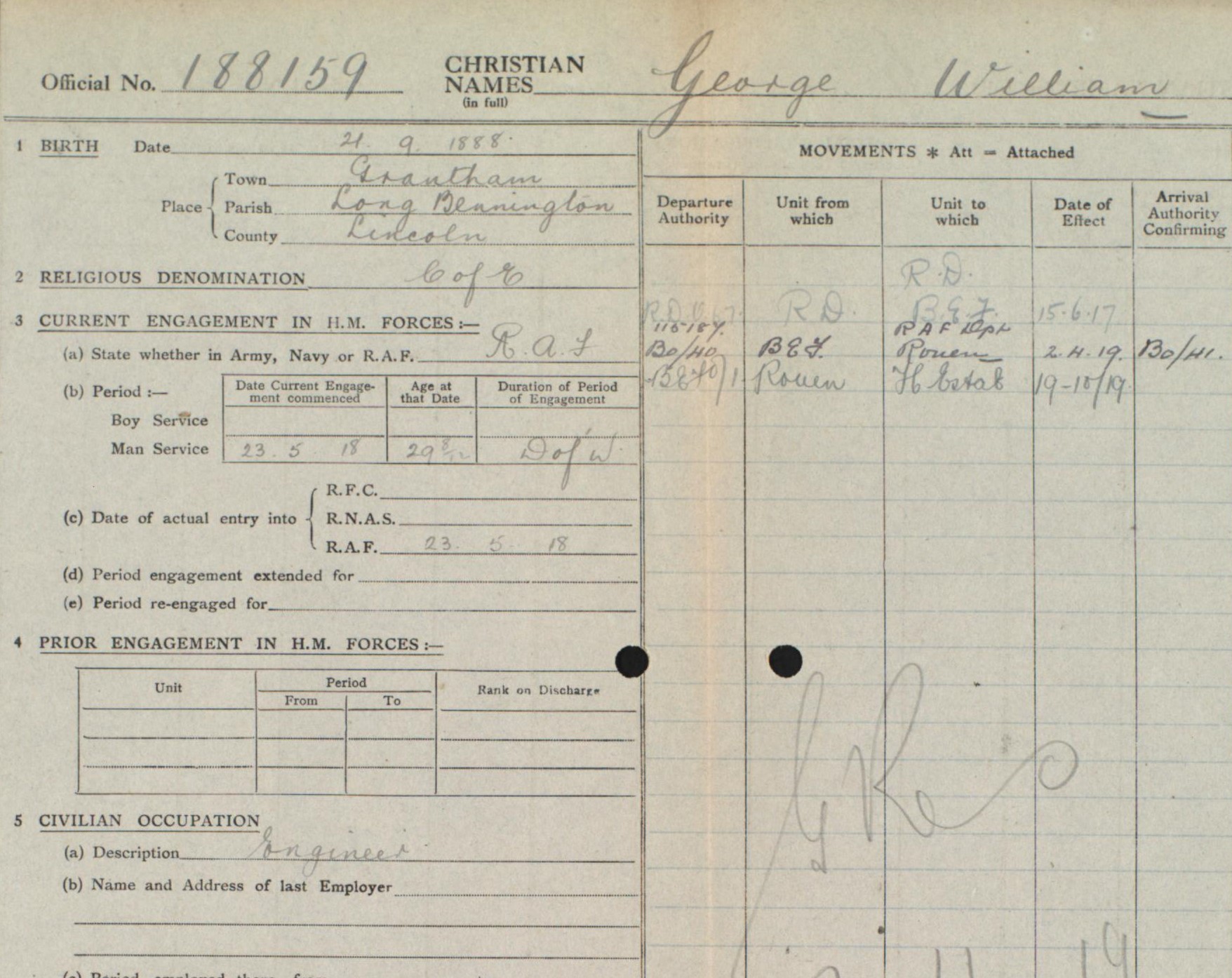 Extract from FWW RAF service record